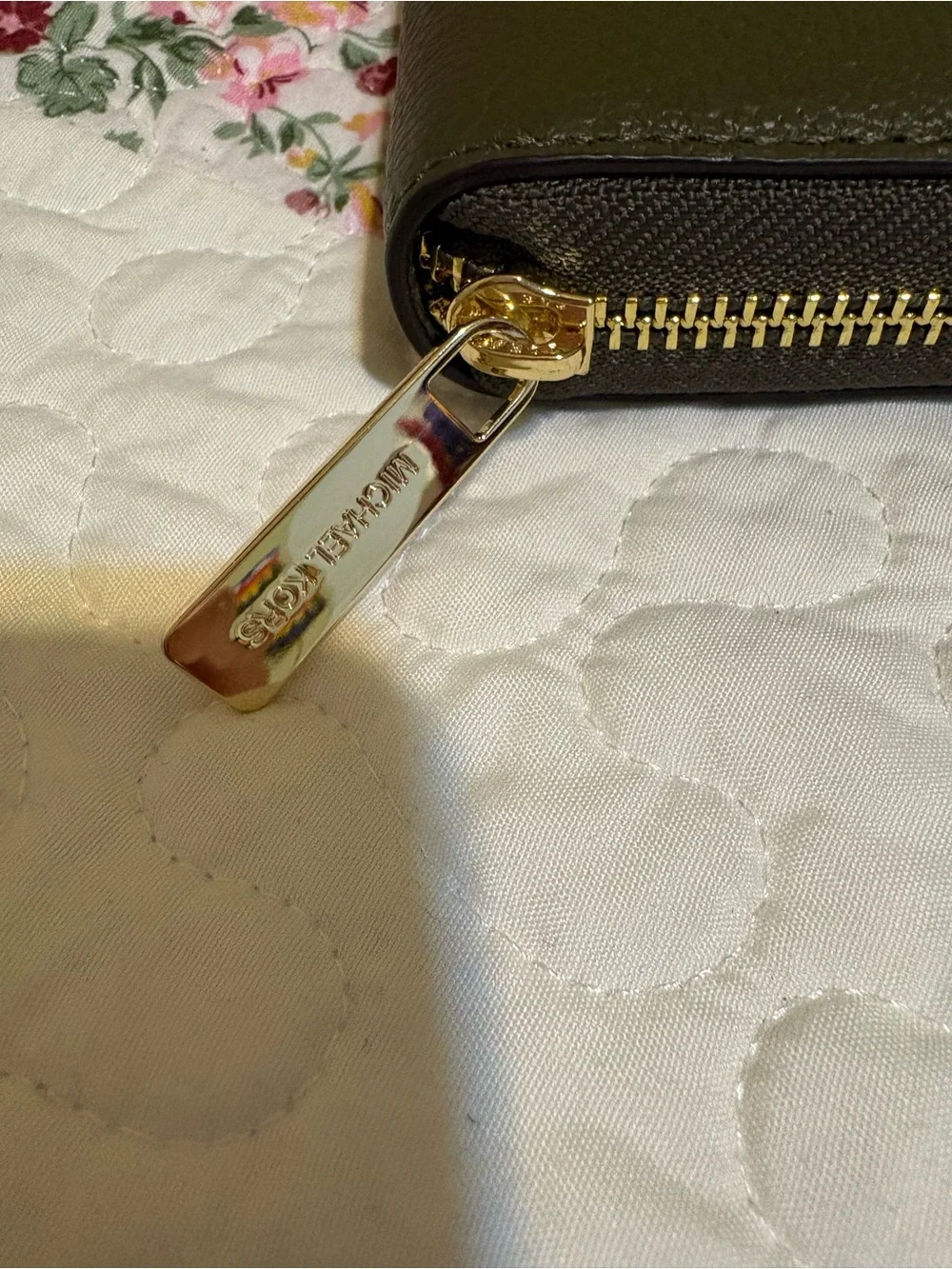 Michael Kors Olive Pebbled Zip Wallet with Gold Logo